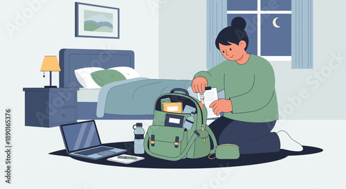 Father and child fix a backpack at a cozy bedroom workspace with a laptop.