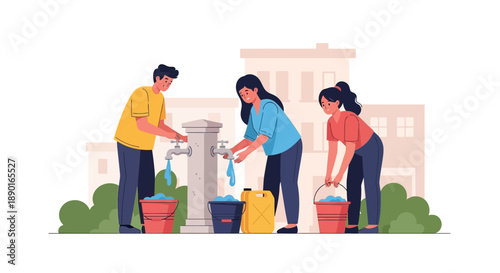 Group enjoys outdoor market atmosphere as shoppers browse goods and interact warmly.