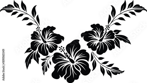 Black silhouette hibiscus flowers with leaves on white background floral graphic design elements