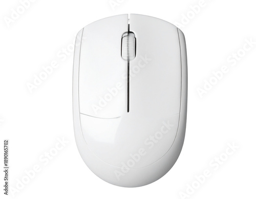A top-down view of a sleek, white, wireless computer mouse on a black background