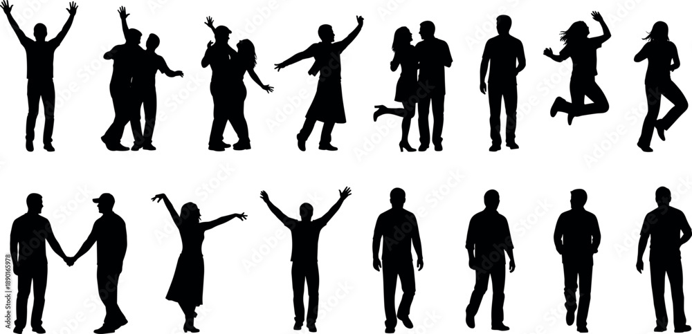 Fototapeta premium Large set of happy human silhouettes dancing jumping and standing isolated on white background vector illustration.