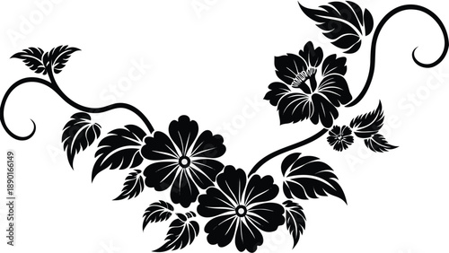 Black hibiscus flower cluster with curved stem and leaves on white background