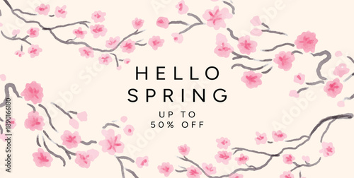 Hello Spring Sale Banner, Sakura Cherry Blossom Branches framing Typography, 50 percent off Promotion, watercolor style, flat Vector Illustration on beige background