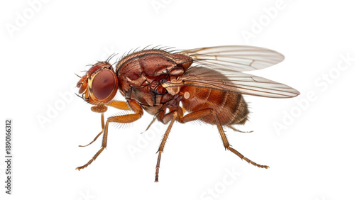 Brown fruit fly with red eyes and translucent wings, side view, isolated PNG with Transparent Background