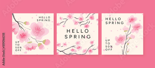 Set of Hello Spring Sale Posters, Sakura Cherry Blossom Branches, Pink Petals, up to 50 percent off text, watercolor style, flat Vector Illustration