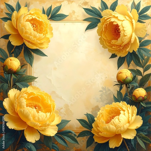 Yellow peony blooms frame a golden rectangle on a textured background