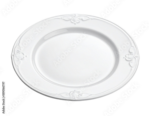 Elegant white oval serving dish with embossed floral motifs on rim