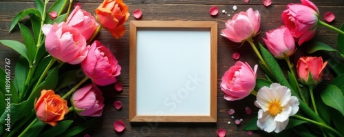 Overhead view of blooming flowers & framed photo on wooden table, arrangement, vibrant, background