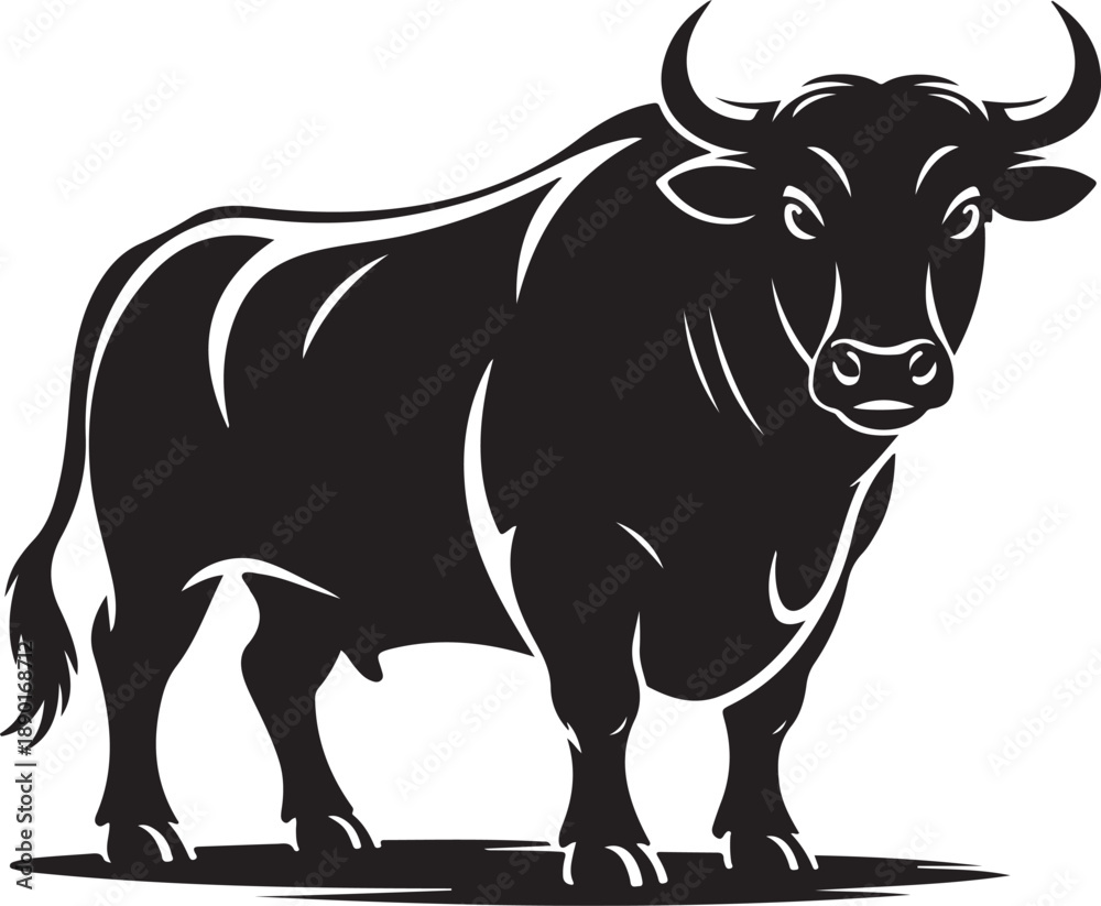 Fototapeta premium Black bull standing with white outline and background