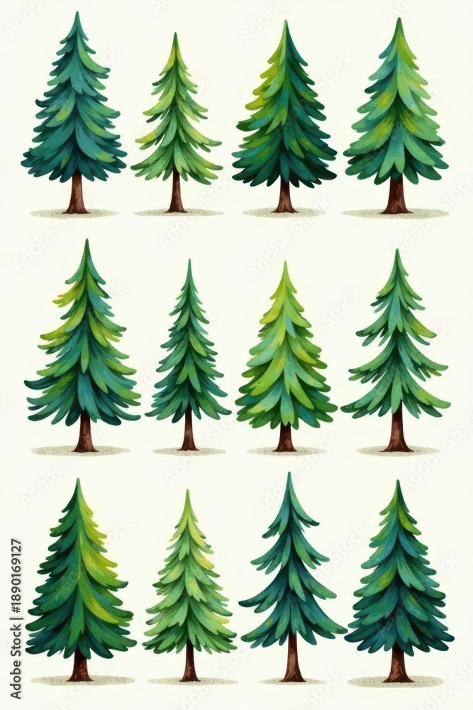 Obraz premium Set of charming hand-drawn pine trees, perfect for cards , holiday, pine tree