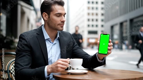 A man in a suit, holding a green-screen phone and coffee, sitting at a cafe table outdoors