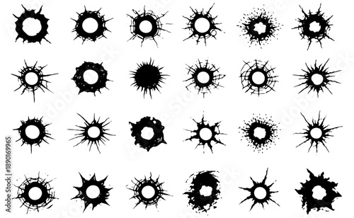 Bullet Holes Impact Marks Bundle, Black and White Gunshot Damage Set With Cracks and Splatter for Design and Effects
