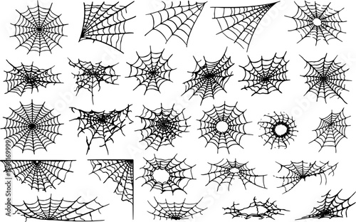 Spider Webs Collection Bundle, Black and White Cobweb Shapes Set for Halloween, Horror, Dark Design and Decorative Effects