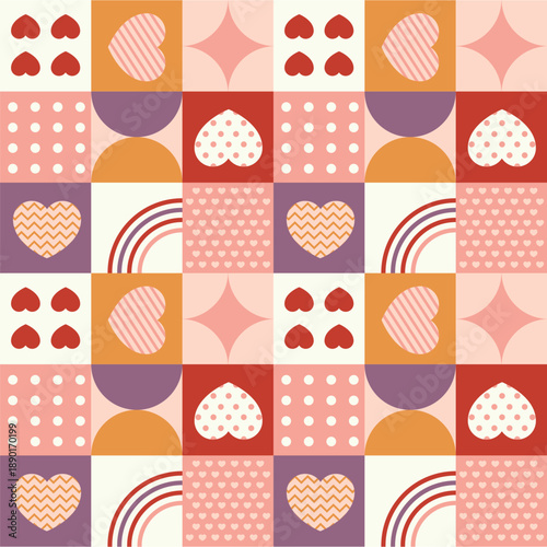Seamless Valentine s Day vector pattern with geometric shapes and heart elements.