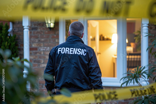 A police forensic expert investigating a homicide, looks around outside a residential house where a break-in and murder took place, gathering evidence, dna samples at the crime scene for lab analysis.