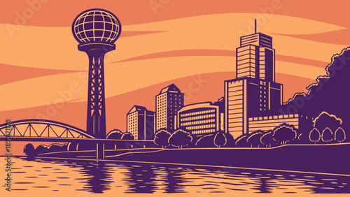 Knoxville skyline with stunning sunsphere tower in tennessee. Perfect for travel brochures, city promotions, tourism websites, and skyline postcards.