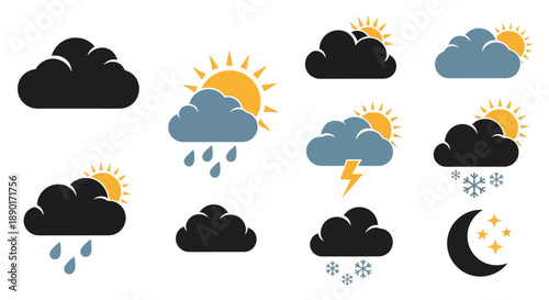 Weather symbols indicating sunny, cloudy, rainy, snowy, thunderstorm and night conditions forecast
