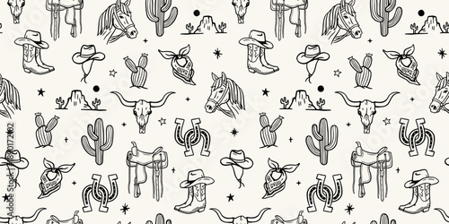 Hand drawn western seamless pattern with cowboy hats, boots, horses, skulls, cacti, horseshoes, and desert symbols in clean black line art on light background.