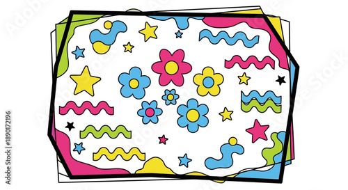 Playful floral and geometric design with vibrant color palette evokes joy and creativity