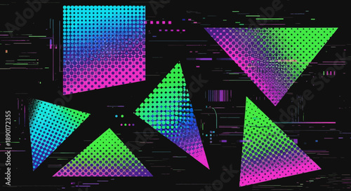 Energetic geometric composition with halftone patterns and glitch effects creating a dynamic