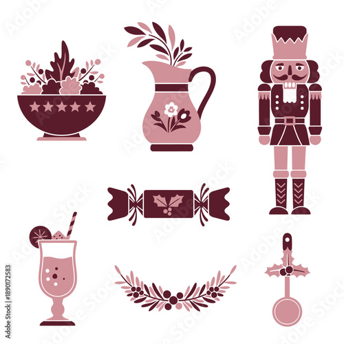 Festive Burgundy and Dusty Rose duotone graphic icons featuring a Christmas centerpiece, stylized nutcracker, eggnog glass, and holly serving spoon, arranged neatly in a minimalist geometric grid