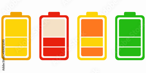 Battery charge level indicators vector set with color coding