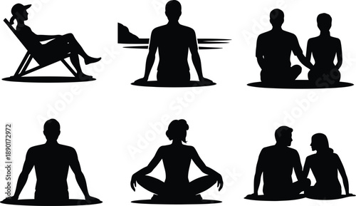 Yoga and relaxation silhouettes various poses and activities for wellness and calmness