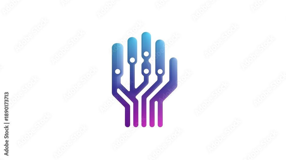 Obraz premium A modern abstract representation of an open hand created from electronic circuit traces and nodes featuring a gradient from purple to blue