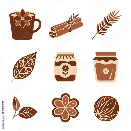Professional duotone graphic illustration set of six cozy winter flora and spice icons, including hot chocolate, honey, and cinnamon, presented in a warm cocoa brown and creamy beige palette