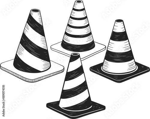 Traffic safety cone vector set, striped road construction pylon for street maintenance and warning sign design