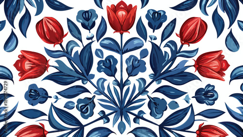 Symmetrical arrangement of vibrant red tulip bouquets with hand drawn style on white backdrop conveys themes of love spring and celebration