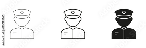 Police Officer Avatar Line And Solid Icon Set. Law Enforcement, Security, And Public Safety Outline And Silhouette Symbol Collection. Professional Uniform. Isolated Vector Illustration