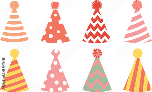 Colorful party hat vector set with striped and polka dot cone hats isolated on white for birthday celebration festive event designColorful party hat 