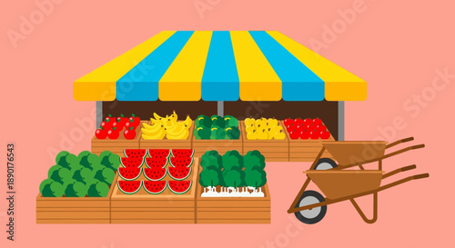 Colorful fruit and vegetable market stall with a striped awning and a wheelbarrow.