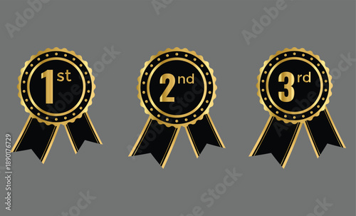 1st, 2nd, 3rd awards medal badge. Gold silver and bronze winner symbols. Success and honor signs. Top three finishers symbols. Tournament and award sign
