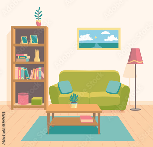 Clean living room. Apartment with furniture and clutter, neat interior with new sofa and shelves, cleaning service, cartoon flat style isolated vector concept