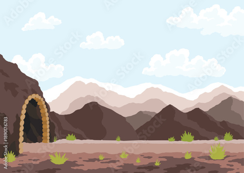 Landscape with mine quarry tunnel against the backdrop of mountains