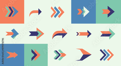 Set of colorful abstract arrow icons in various directions and styles.