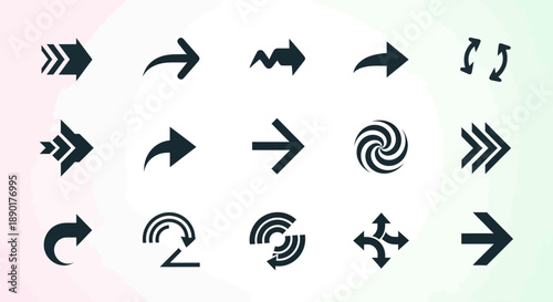 Collection of abstract black arrow icons on pastel background.