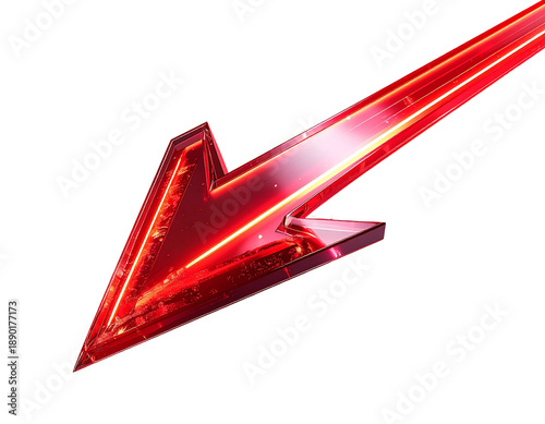 A glowing, sharp, geometric red arrow pointing down and left