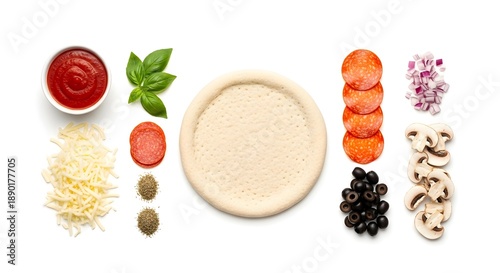 A clean, minimalist top-down view of organized pizza ingredients on a white background. Ideal for cooking tutorials, recipe blogs, and meal preparation concepts.