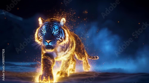 Glowing tiger made of golden embers prowls through blue night fog toward camera in cinematic slow motion