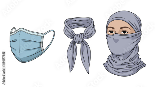 Different types of face coverings including a medical mask, a folded scarf, and a traditional grey niqab garment.