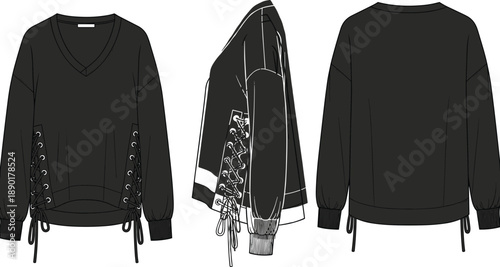 Black Oversized V-Neck Sweatshirt Technical Flat Sketch with Side Lace Up Detail and Ribbed Cuffs for Fashion Design CAD Mockup (