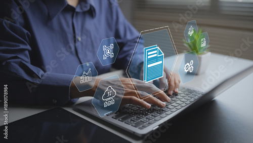 Cuadro en lienzo Digital ERP system with virtual icons for finance, inventory and analytics