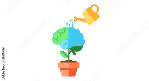 Nurturing growth and learning with a watering can pouring water onto a growing plant shaped like a human brain in a pot