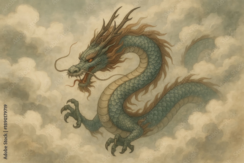 Fototapeta premium Majestic dragon amidst swirling clouds.