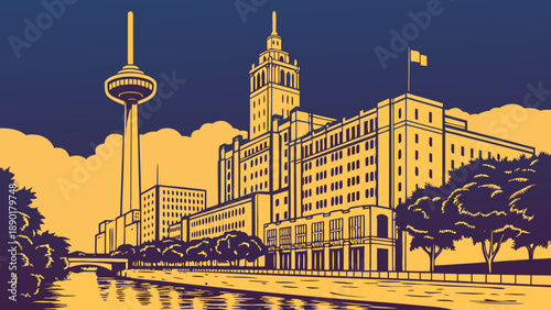 San antonio skyline, riga, latvia skyline, tall tower, water, travel blog, cityscape website, urban development article, architectural publication.