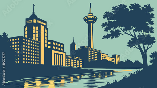 San antonio skyline featuring cityscape with reflective river, buildings, tower. Suitable for travel brochures, city guides, and website banners.