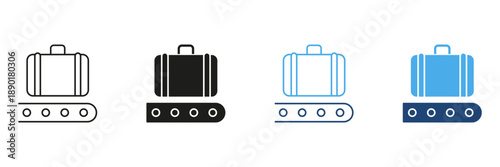 Luggage On Conveyor Belt Icon Set. Baggage Handling, Airport Security, And Travel Logistics Outline And Silhouette Symbol Collection. Efficient Transportation System. Isolated Vector Illustration